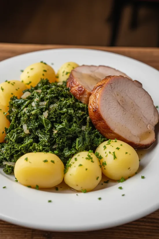 Gericht Kassler mit Grünkohl an der Spreeterrasse