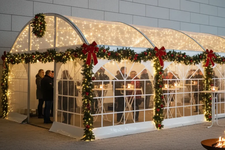 Das beheizte Gastronomiezelt an der Spreeterrasse mit Glasdach